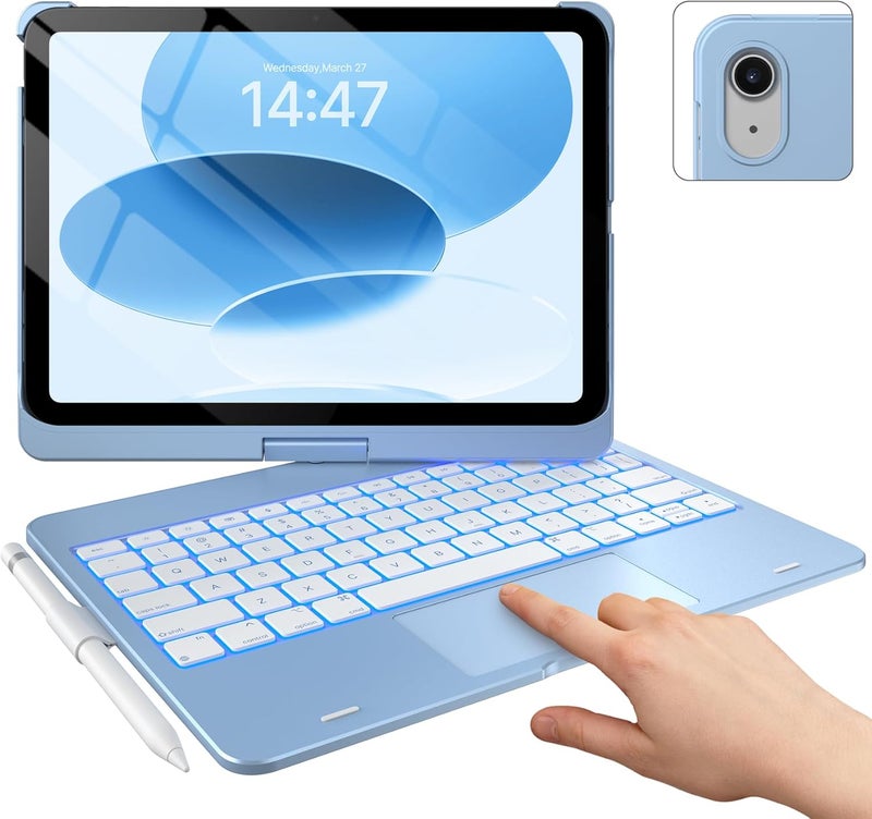 typecase Touch iPad 11th 10th Generation Case with Keyboard (11" 2025, A16 & 10.9" 2022) – 360° Rotatable, 11-Color Backlit, Multi-Touch Trackpad, Pencil Holder, Thin & Light – Sky Blue - Image 1